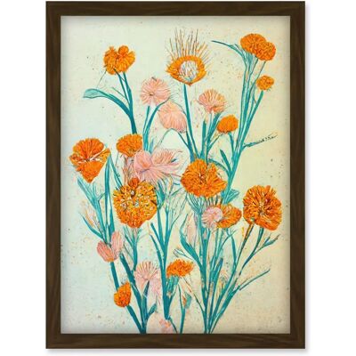Artery8 - Boho Marigold Flowers - Teal - Orange - Wall Art Artery8 - Boho Marigold Flowers - Teal - Orange - Wall Art
