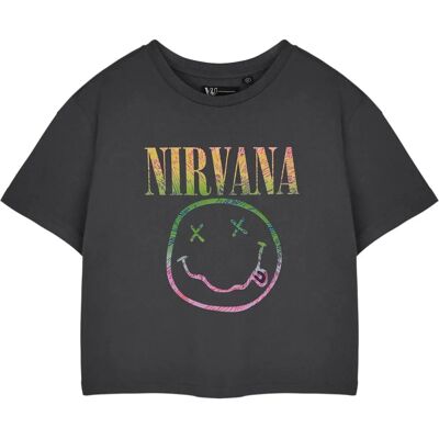 Nirvana Damen Cropped Kurzarm-T-Shirt Grau Regenbogen Logo XXX-Large - T-Shirt Nirvana Damen Cropped Kurzarm-T-Shirt Grau Regenbogen Logo XXX-Large - T-Shirt