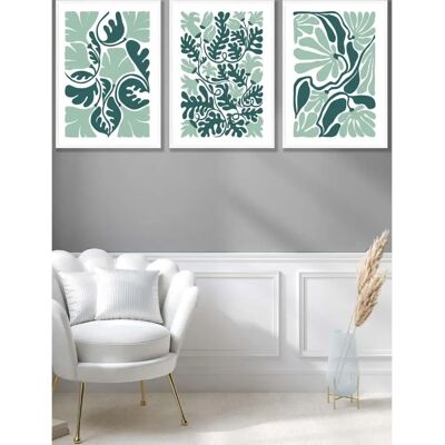 ARTZE - Boho Abstract Green White Floral - Set of 3 - White Framed - Wall Art ARTZE - Boho Abstract Green White Floral - Set of 3 - White Framed - Wall Art
