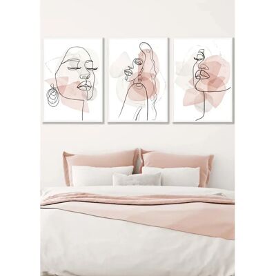ARTZE - One Line Abstract Fashion Faces - Pink & Ivory - White Framed Wall Art - 3-Piece ARTZE - One Line Abstract Fashion Faces - Pink & Ivory - White Framed Wall Art - 3-Piece
