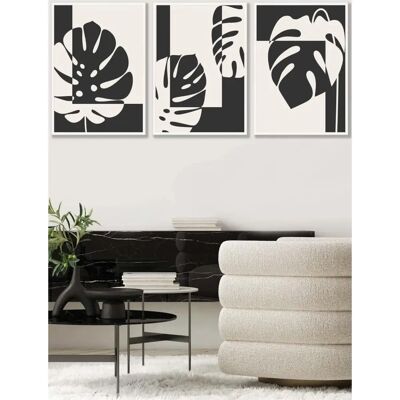 ARTZE - Monstera Black Ivory 3pc - White Frame - Wall Art ARTZE - Monstera Black Ivory 3pc - White Frame - Wall Art