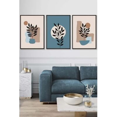 ARTZE Graphical Boho Floral Teal and Beige Botanical - Set of 3 - Black Frame - Wall Art ARTZE Graphical Boho Floral Teal and Beige Botanical - Set of 3 - Black Frame - Wall Art
