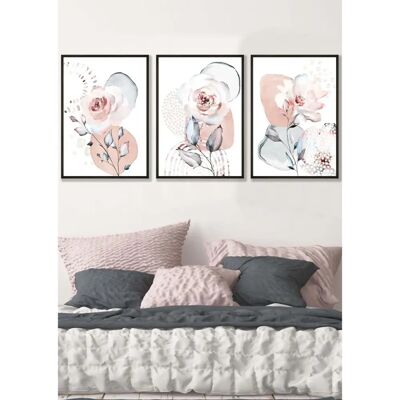 ARTZE - Abstract Blush Pink Botanical - Black Frame - 3-Piece Set - Wall Art ARTZE - Abstract Blush Pink Botanical - Black Frame - 3-Piece Set - Wall Art
