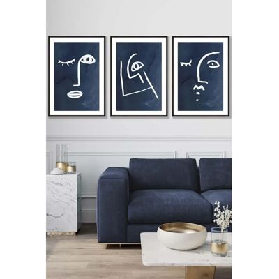 ARTZE - Abstract Line Art Faces - Navy - Wall Art Set ARTZE - Abstract Line Art Faces - Navy - Wall Art Set