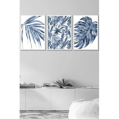 ARTZE - Navy Blue Abstract Tropical Plants - Wall Art - Set of 3 ARTZE - Navy Blue Abstract Tropical Plants - Wall Art - Set of 3