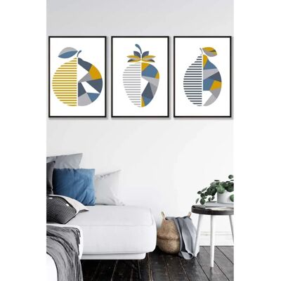 ARTZE - Geometric Fruit Set - Black frame - Blue/Yellow - 3pc - Wall Art ARTZE - Geometric Fruit Set - Black frame - Blue/Yellow - 3pc - Wall Art