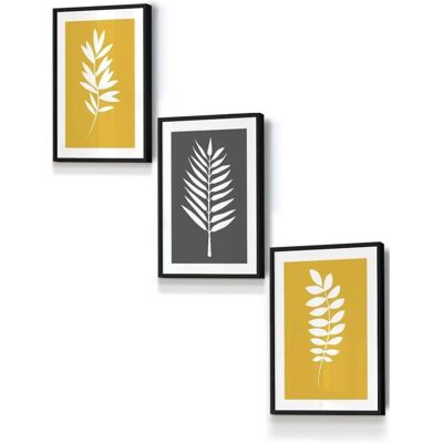 ARTZE - Graphical Leaves - Yellow Grey - Wall Art ARTZE - Graphical Leaves - Yellow Grey - Wall Art