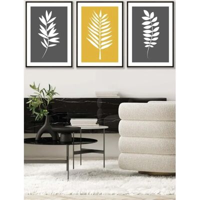 ARTZE - Grey Yellow Graphical Leaves - Large - Framed Wall Art ARTZE - Grey Yellow Graphical Leaves - Large - Framed Wall Art