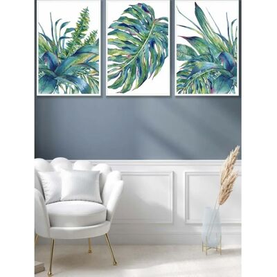 ARTZE - Blue Green Watercolour Tropical Leaves - Large - White Frame - Framed Wall Art ARTZE - Blue Green Watercolour Tropical Leaves - Large - White Frame - Framed Wall Art