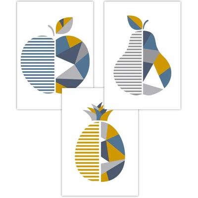 ARTZE - Geometric Fruit Apple - Blue - Set 3 - Poster ARTZE - Geometric Fruit Apple - Blue - Set 3 - Poster