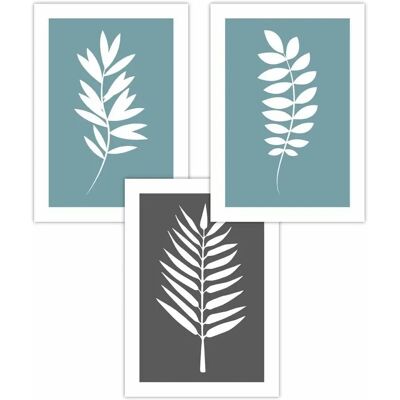 ARTZE - Blue Grey Leaves - 59x84cm - 3-set - Art Posters ARTZE - Blue Grey Leaves - 59x84cm - 3-set - Art Posters