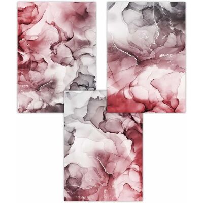 ARTZE - Abstract Floral Fluid Set - Red & Grey - Art Posters ARTZE - Abstract Floral Fluid Set - Red & Grey - Art Posters