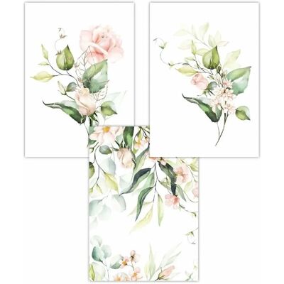 ARTZE - Pink Watercolour Rose Bouquets - Set of 3 - Light Pink - Art Poster ARTZE - Pink Watercolour Rose Bouquets - Set of 3 - Light Pink - Art Poster