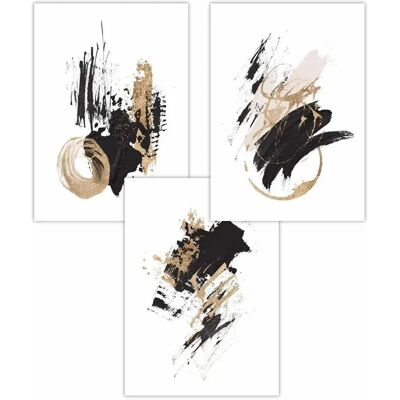 ARTZE - Abstract Black Ivory and Gold Strokes - Set of 3 - Poster ARTZE - Abstract Black Ivory and Gold Strokes - Set of 3 - Poster