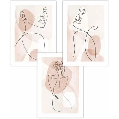 ARTZE - Set of 3 Coral Pink Abstract Line Art - Posters ARTZE - Set of 3 Coral Pink Abstract Line Art - Posters