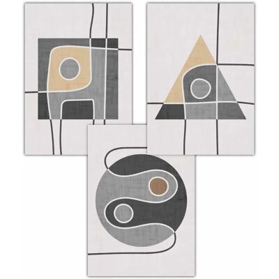 ARTZE - Set of 3 Mid Century Graphical Shapes - Grey & Yellow - W59cm x H84cm - Poster ARTZE - Set of 3 Mid Century Graphical Shapes - Grey & Yellow - W59cm x H84cm - Poster