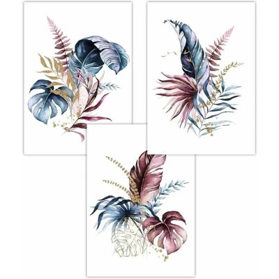 ARTZE - Blue Pink and Gold Botanical Leaves - Set of 3 - Poster ARTZE - Blue Pink and Gold Botanical Leaves - Set of 3 - Poster
