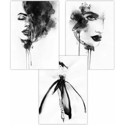 ARTZE - Black White Watercolour Fashion Faces - 3-Pack - Posters ARTZE - Black White Watercolour Fashion Faces - 3-Pack - Posters