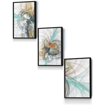 ARTZE - Set of 3 Framed Wall Art - Black Frame - Aqua Grey Fractal ARTZE - Set of 3 Framed Wall Art - Black Frame - Aqua Grey Fractal