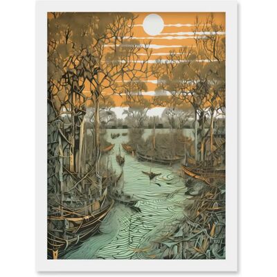Artery8 Mangrove Forest Linocut A4 Framed Wall Art Print Artery8 Mangrove Forest Linocut A4 Framed Wall Art Print