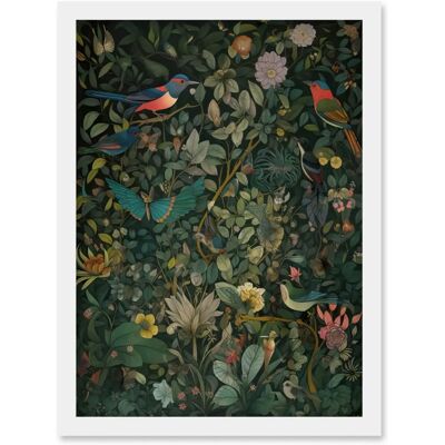 Artery8 - Butterflies and Birds on Flowering Shrub - White - A4 - Framed Wall Art Artery8 - Butterflies and Birds on Flowering Shrub - White - A4 - Framed Wall Art