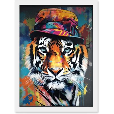 Artery8 Tiger Wearing a Bucket Hat - A4 - Framed Wall Art Print Artery8 Tiger Wearing a Bucket Hat - A4 - Framed Wall Art Print