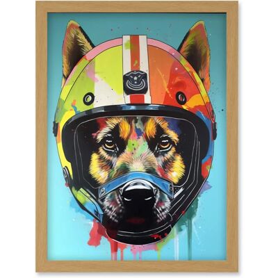 Artery8 - German Shepherd Wearing Motorbike Helmet Pop Art - A4 - light oak Wall Art Artery8 - German Shepherd Wearing Motorbike Helmet Pop Art - A4 - light oak Wall Art