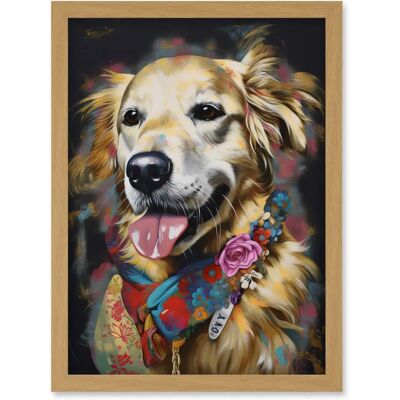 Artery8 - Golden Retriever Floral Bandana Artwork - A4 - Oak - Wall Art Artery8 - Golden Retriever Floral Bandana Artwork - A4 - Oak - Wall Art
