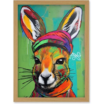 Artery8 Rabbit in Winter Clothes Colourful Graffiti Style Artwork - framed - light oak - Wall Art Artery8 Rabbit in Winter Clothes Colourful Graffiti Style Artwork - framed - light oak - Wall Art