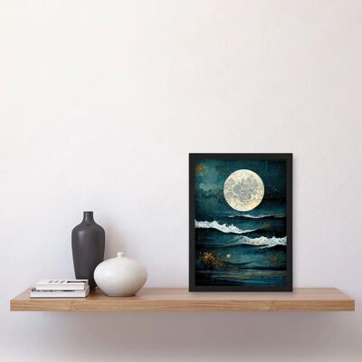 Artery8 - Large Full Moon Seascape - A4 - Black - Wall Art Artery8 - Large Full Moon Seascape - A4 - Black - Wall Art