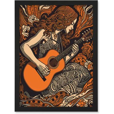 Artery8 Woman Playing Guitar in Rose Field - A4 - Framed - Black frame - Wall Art Artery8 Woman Playing Guitar in Rose Field - A4 - Framed - Black frame - Wall Art