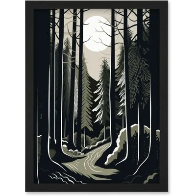 Artery8 - Full Moon Night at Pine Forest Linocut - Black - A4 - Framed Wall Art Artery8 - Full Moon Night at Pine Forest Linocut - Black - A4 - Framed Wall Art