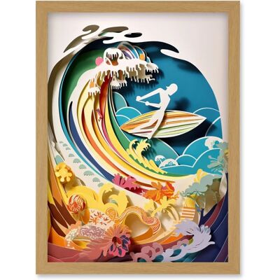 Artery8 - Rainbow Kirigami Surfer - A4 - Light Oak - Framed Wall Art Artery8 - Rainbow Kirigami Surfer - A4 - Light Oak - Framed Wall Art