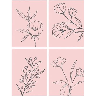 Wee Blue Coo Pack 4 Minimalist Wildflower Outline - Pastel Pink - wall art Wee Blue Coo Pack 4 Minimalist Wildflower Outline - Pastel Pink - wall art