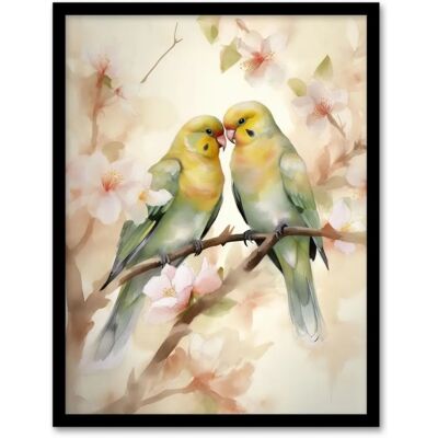 Artery8 - Two Lovebirds Cherry Blossom Watercolour Pair Perched - Black - A4 - Wall Art Print Artery8 - Two Lovebirds Cherry Blossom Watercolour Pair Perched - Black - A4 - Wall Art Print