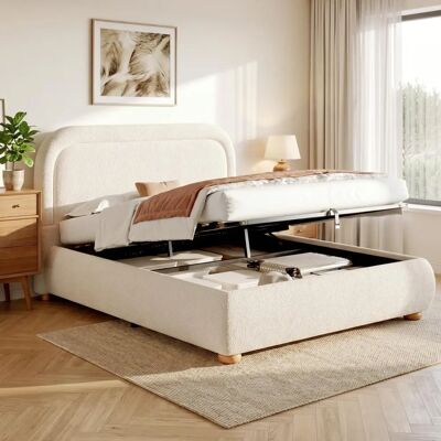 Merax Double Velvet Storage Bed - 4ft6, Beige, Gas Lift Merax Double Velvet Storage Bed - 4ft6, Beige, Gas Lift