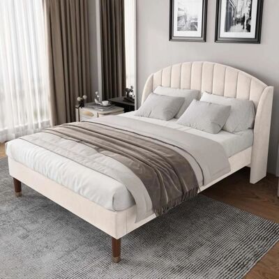ModernLuxe - Lit rembourré 140x190 cm en velours Beige - Bed - Publicité ModernLuxe - Lit rembourré 140x190 cm en velours Beige - Bed - Publicité