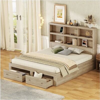 MERAX - Cama doble 160x200cm - 2 tiroirs - bibliothèque - Bed MERAX - Cama doble 160x200cm - 2 tiroirs - bibliothèque - Bed