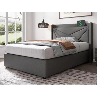 Lit de rangement ModernLuxe avec USB - 90x200cm - Gris - Lin Élégant Lit de rangement ModernLuxe avec USB - 90x200cm - Gris - Lin Élégant