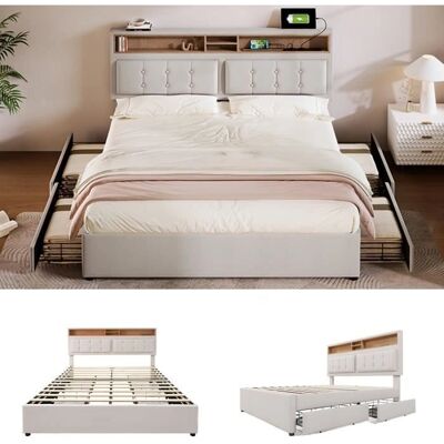 Lit ModernLuxe avec 4 tiroirs & USB - 160x200cm - Lin Beige Lit ModernLuxe avec 4 tiroirs & USB - 160x200cm - Lin Beige
