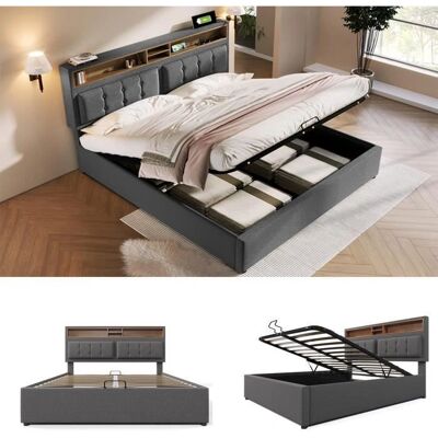Lit en lin ModernLuxe 140x200cm - Rangement, USB, Tête de lit réglable - Lit Lit en lin ModernLuxe 140x200cm - Rangement, USB, Tête de lit réglable - Lit