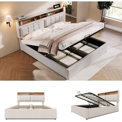 Cama de armazenamento em linho ModernLuxe com USB - Cabeceira ajustável - 160x200cm Cama de armazenamento em linho ModernLuxe com USB - Cabeceira ajustável - 160x200cm