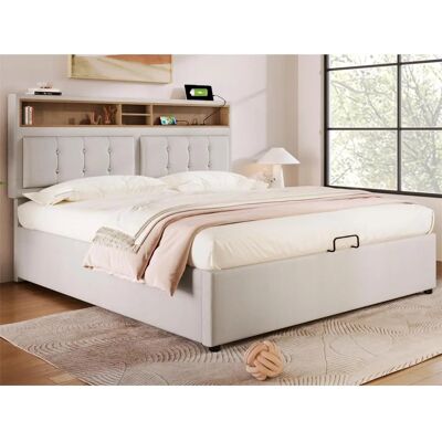 Cama ModernLuxe com Espaço de Armazenamento e USB - 140x200cm - Bege Cama ModernLuxe com Espaço de Armazenamento e USB - 140x200cm - Bege