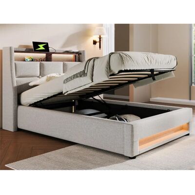 ModernLuxe - Lit coffre lin 90x200 - Beige - Bed met opbergruimte ModernLuxe - Lit coffre lin 90x200 - Beige - Bed met opbergruimte