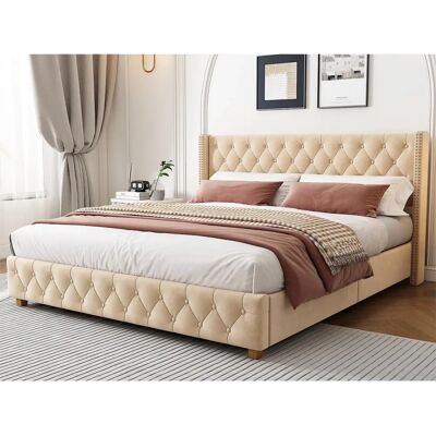 ModernLuxe - 180x200 Velvet Bed - Beige - Sommier à lattes - Bed ModernLuxe - 180x200 Velvet Bed - Beige - Sommier à lattes - Bed