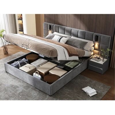ModernLuxe Velvet Opbergbed - LED & USB - 160x200cm - Grijs ModernLuxe Velvet Opbergbed - LED & USB - 160x200cm - Grijs