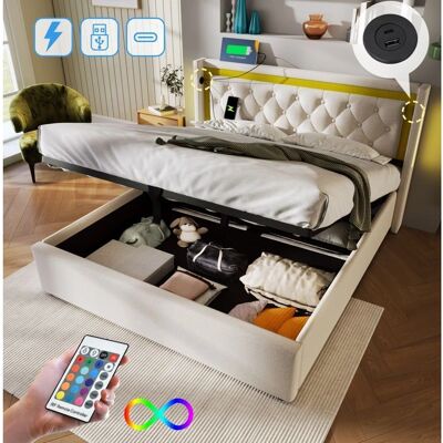 Merax Bed met USB & LED - 140x200cm - Beige Merax Bed met USB & LED - 140x200cm - Beige