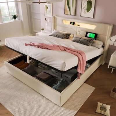 ModernLuxe - Lit coffre 160x200 Beige Lin - Luchtd- opslagbed ModernLuxe - Lit coffre 160x200 Beige Lin - Luchtd- opslagbed