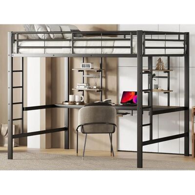 ModernLuxe Lit mezzanine 140x200cm - Noir - Métal MDF Lit ModernLuxe Lit mezzanine 140x200cm - Noir - Métal MDF Lit