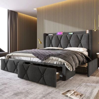 ModernLuxe Bed 140x200cm Linnen Bekleed - 4 Lades - USB Poorten - Grijs ModernLuxe Bed 140x200cm Linnen Bekleed - 4 Lades - USB Poorten - Grijs